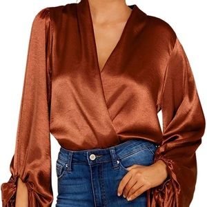Rust colored, wrap, deep v neck, satin shirt
